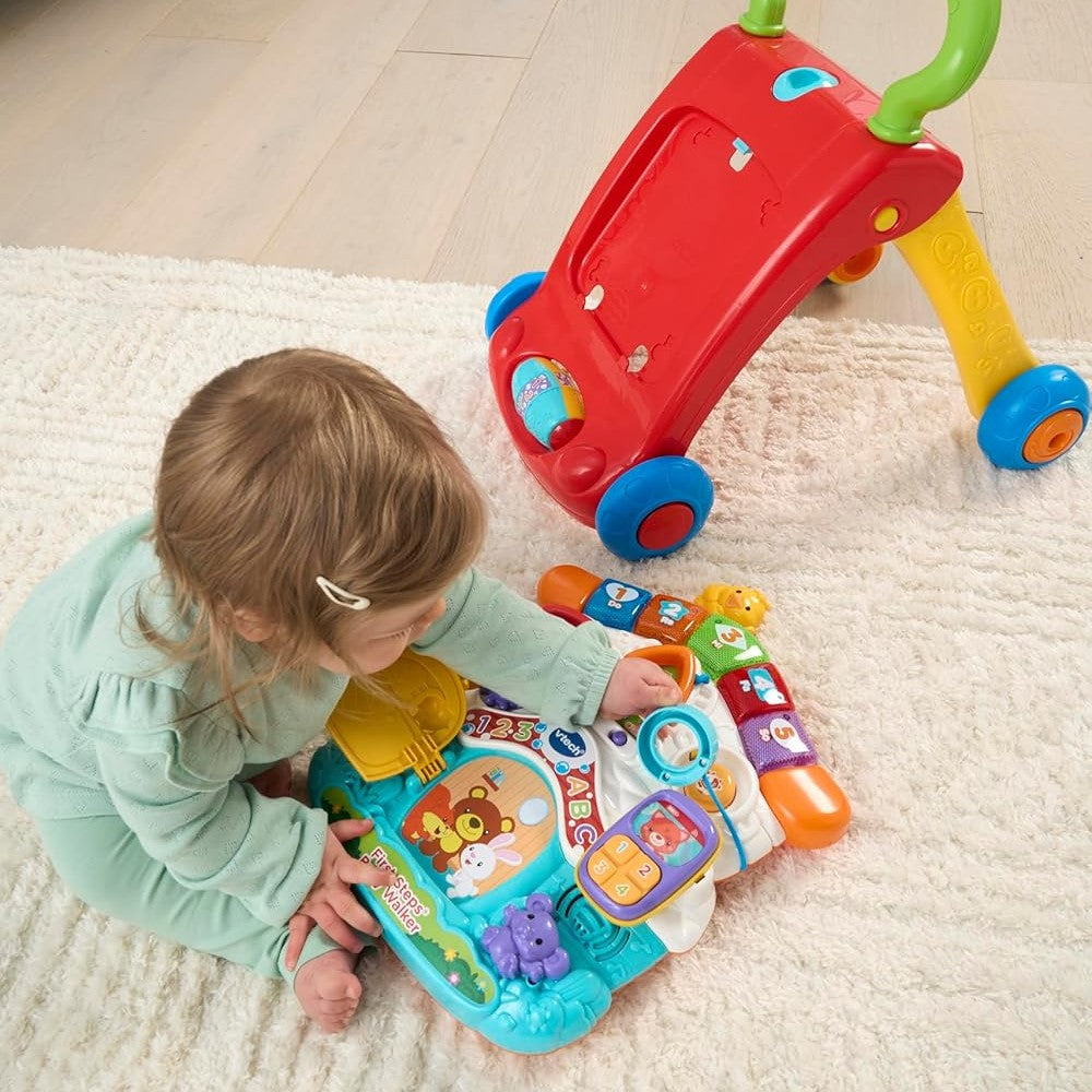 Child playing with a colorful toy on a carpeted floor