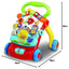 Colorful baby walker with educational toys and buttons, shown with dimensions on a white background.