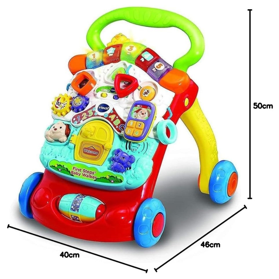 Colorful baby walker with educational toys and buttons, shown with dimensions on a white background.
