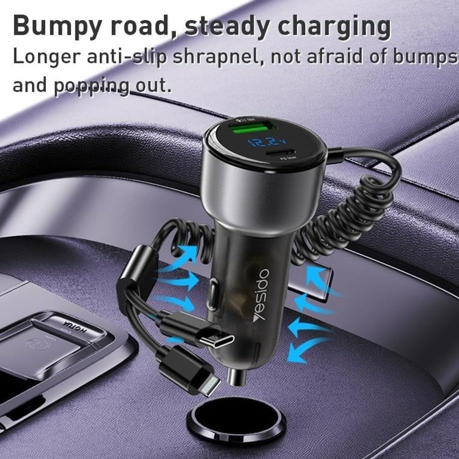 YESIDO Fast Charging 60W, Type-C, USB-A, Lightning Car Charger Y58