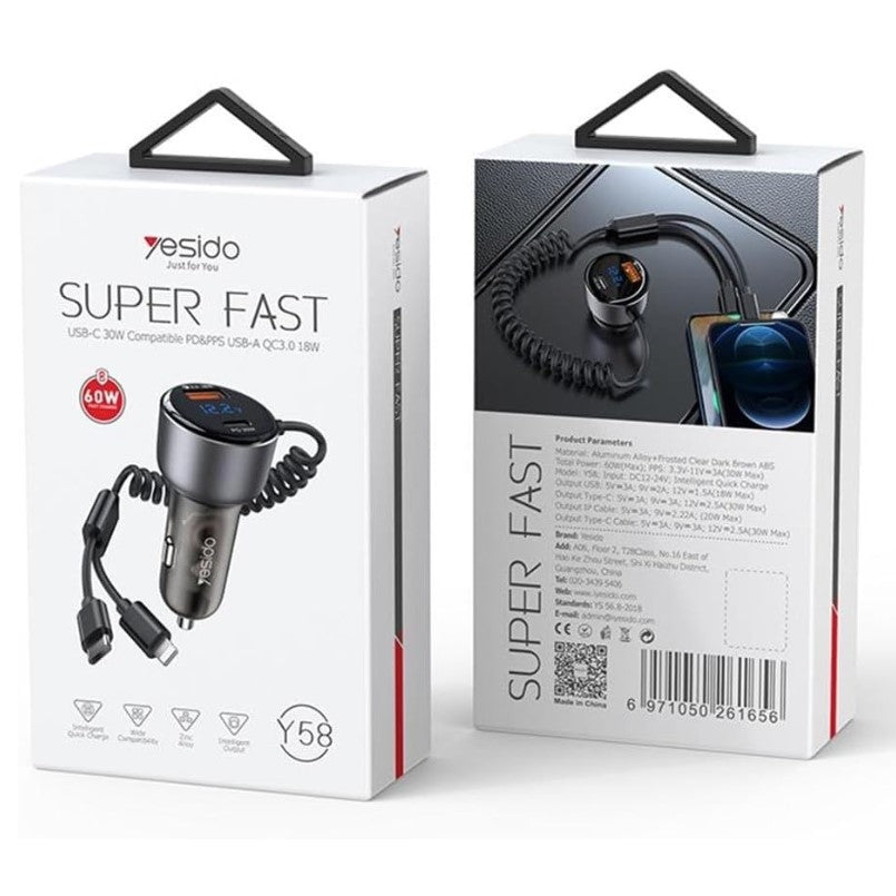 YESIDO Fast Charging 60W, Type-C, USB-A, Lightning Car Charger Y58