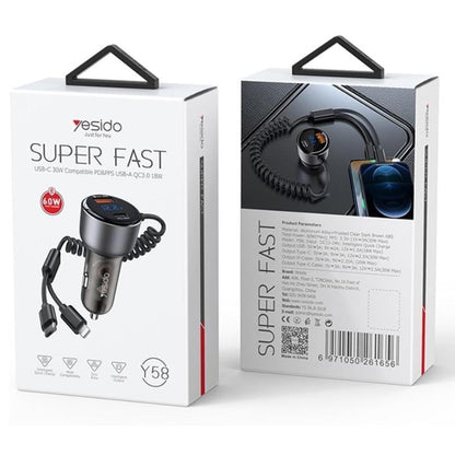 YESIDO Fast Charging 60W, Type-C, USB-A, Lightning Car Charger Y58