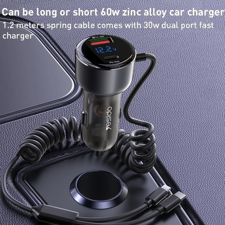 YESIDO Fast Charging 60W, Type-C, USB-A, Lightning Car Charger Y58