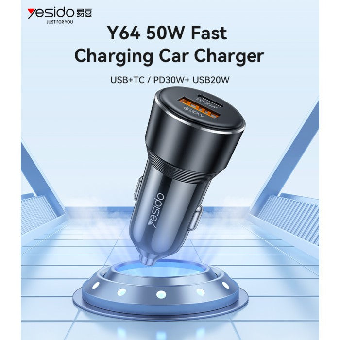 YESIDO Fast Charging 50W, Type-C, USB-A, Car Charger Y64 | Tanzania