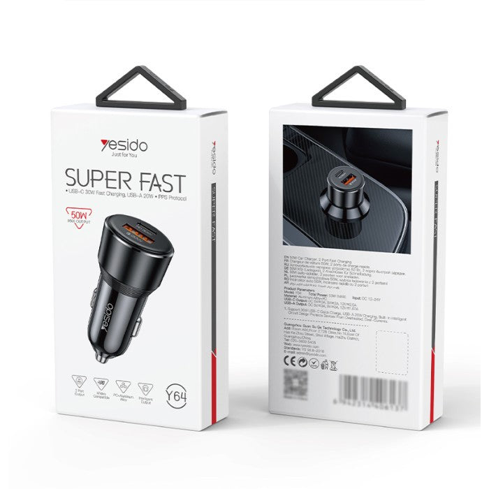 YESIDO Fast Charging 50W, Type-C, USB-A, Car Charger Y64 | Tanzania