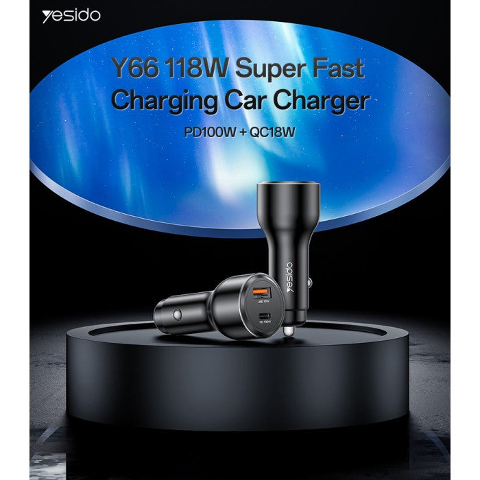 YESIDO Fast Charging 118W, Type-C, USB-A, Car Charger Y65 | Tanzania