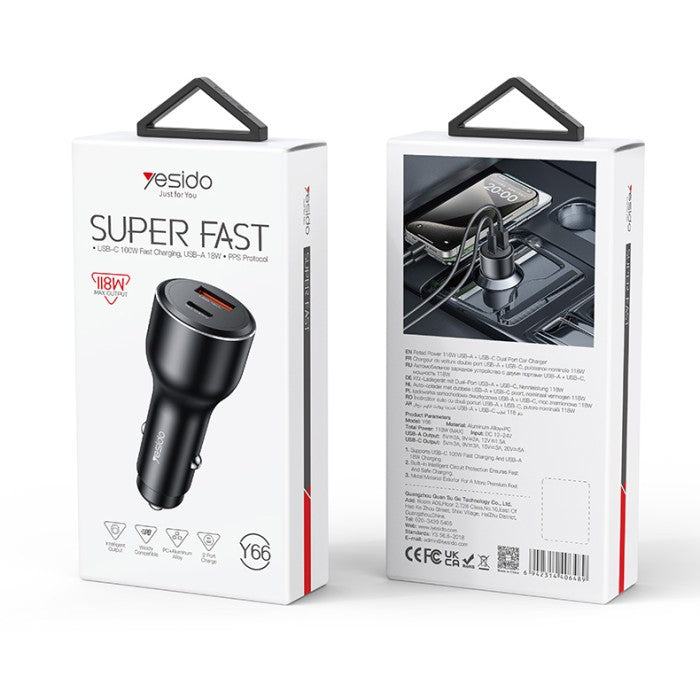 YESIDO Fast Charging 118W, Type-C, USB-A, Car Charger Y65 | Tanzania