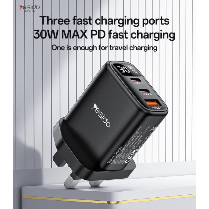 YESIDO Quick Charging PD 30W, Type-C, 1 USB, UK Plug Wall Charger YC88