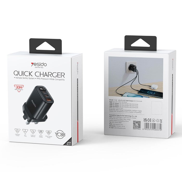 YESIDO Quick Charging PD 30W, Type-C, 1 USB, UK Plug Wall Charger YC88