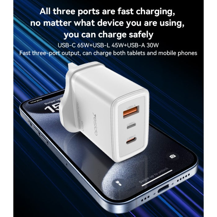 YESIDO Quick Charging 65W, Type-C, Lightning, 1 USB, Wall Charger YC89