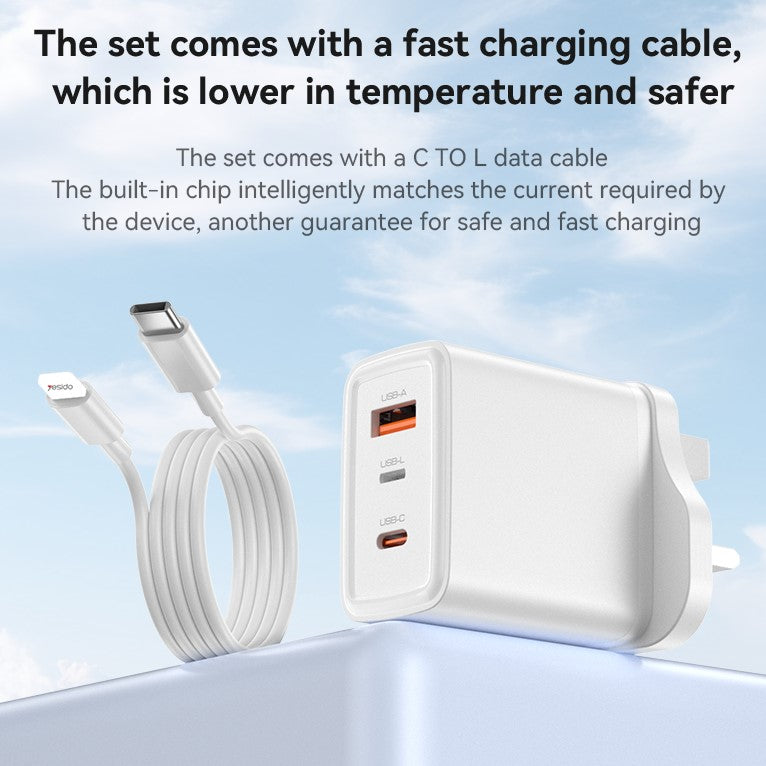 YESIDO Quick Charging 65W, Type-C, Lightning, 1 USB, Wall Charger YC89