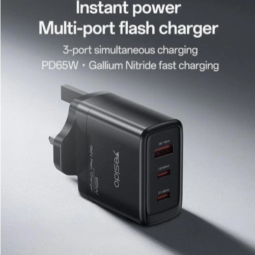 YESIDO Quick Charging PD 65W, Type-C, USB, GaN Wall Charger YC98c