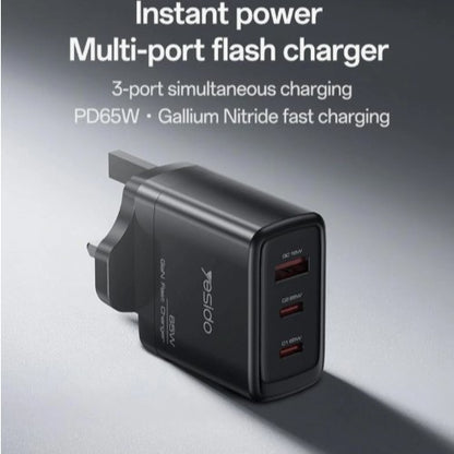 YESIDO Quick Charging PD 65W, Type-C, USB, GaN Wall Charger YC98c