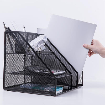 DELI Metal Mesh Multifunction Magazine Rack & Stationery Compartments 